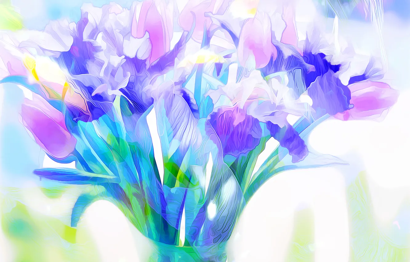 Photo wallpaper leaves, rendering, bouquet, petals, Bank, iris