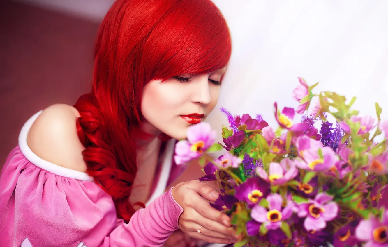 Photo wallpaper girl, flowers, red, girl
