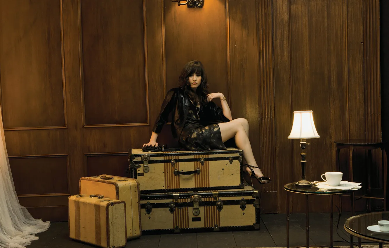 Photo wallpaper paper, table, room, lamp, Cup, suitcase, Demi Lovato