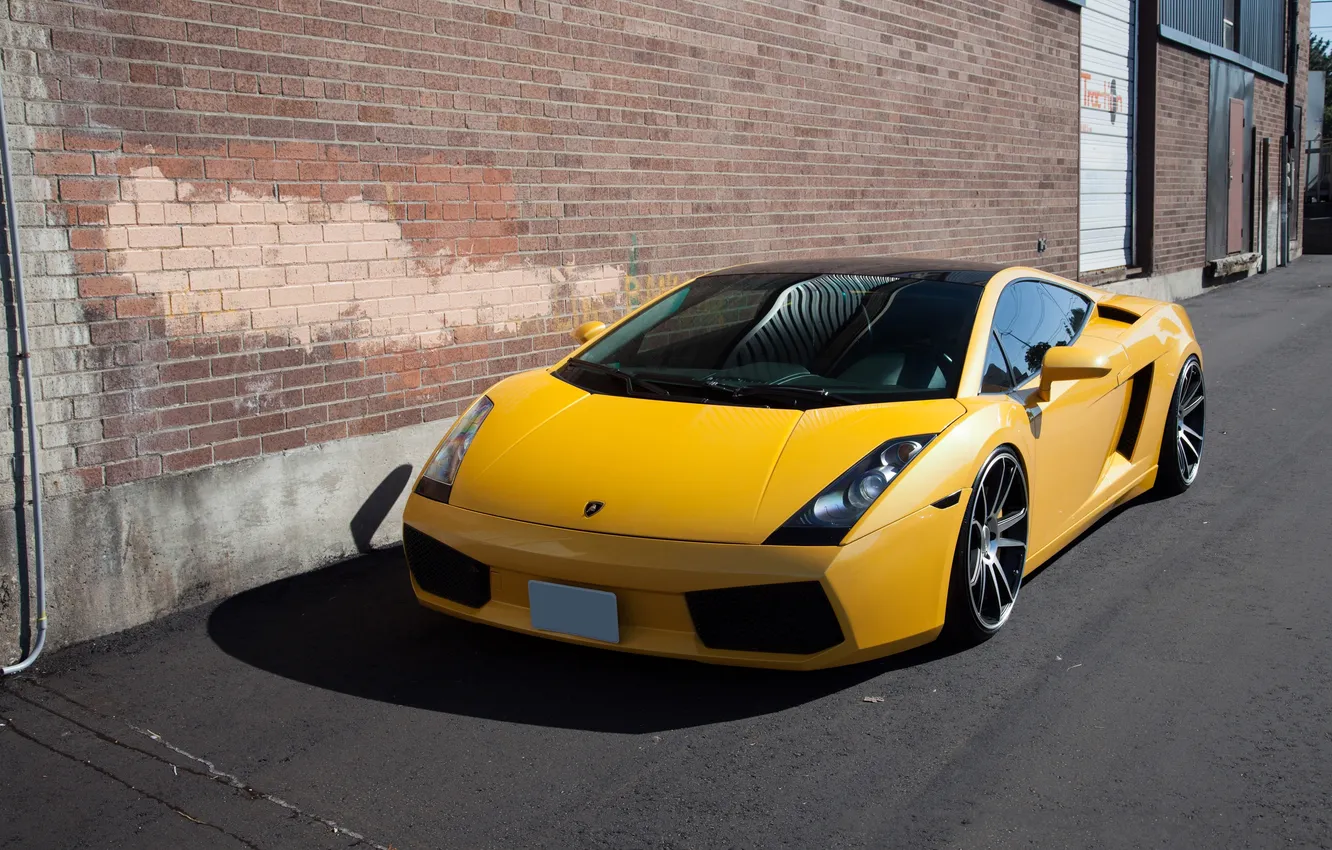 Photo wallpaper yellow, Lamborghini, Gallardo, front view, yellow, brick wall, Lamborghini, Gallardo