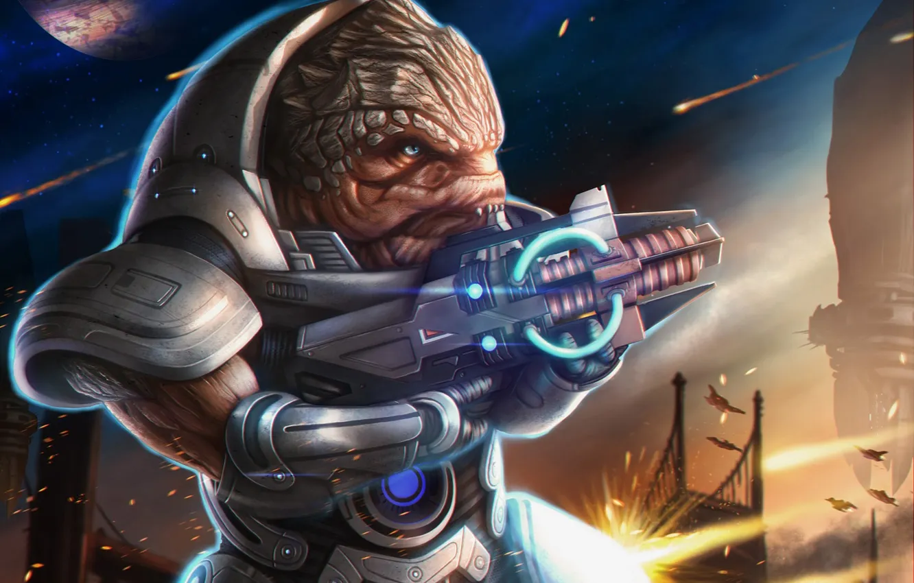 Photo wallpaper gun, battle, mass effect, bioware, krogan, grunt