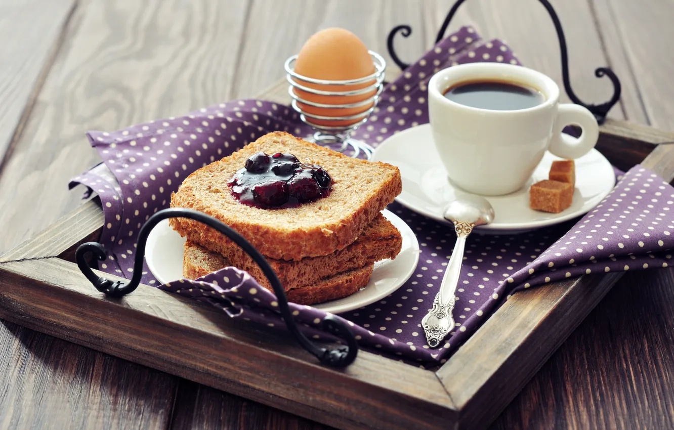 Photo wallpaper egg, coffee, food, Breakfast, bread, spoon, sugar, jam