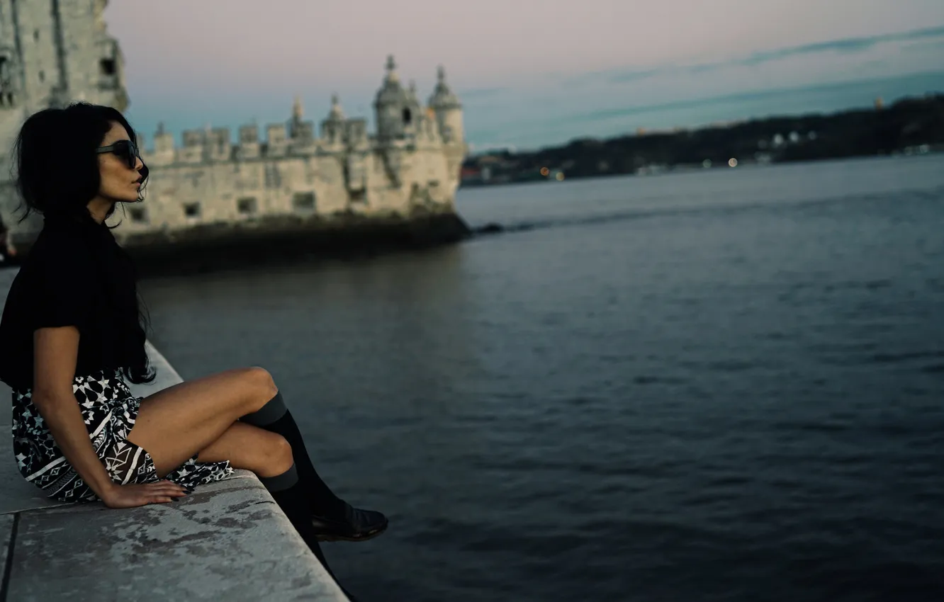 Photo wallpaper sea, girl, shore, glasses, Vanessa Hudgens, actress model