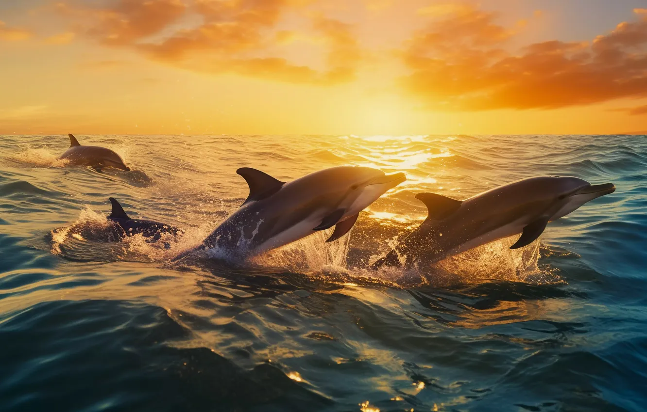 Photo wallpaper sea, water, dawn, jump, dolphins, digital art, AI art, The Art of Artificial Intelligence