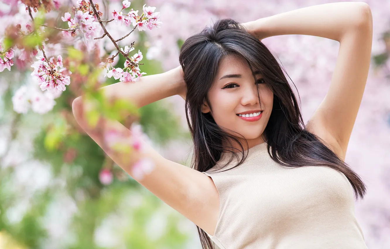 Photo wallpaper girl, smile, spring, Asian, flowering, cutie