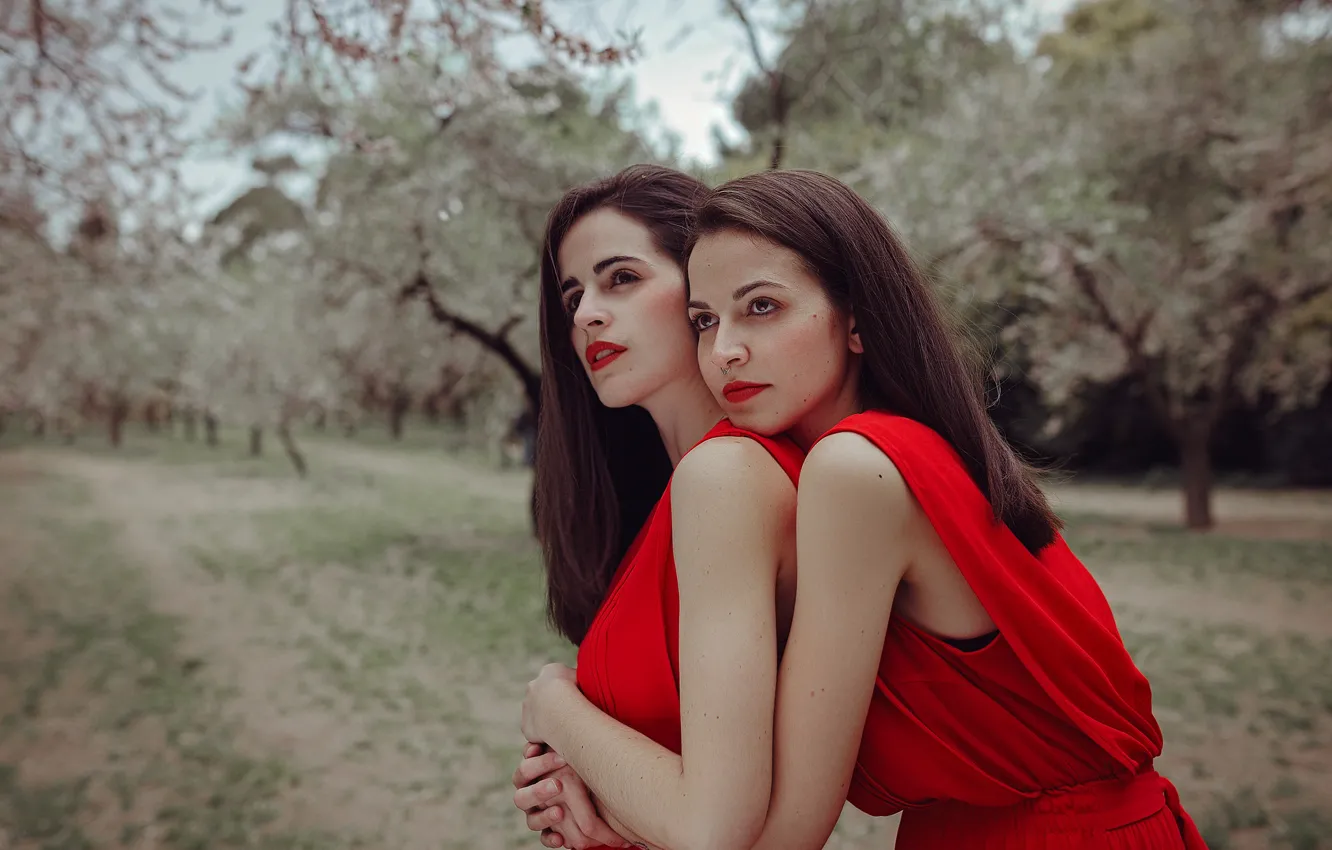 Photo wallpaper girl, trees, model, garden, dress, hugs