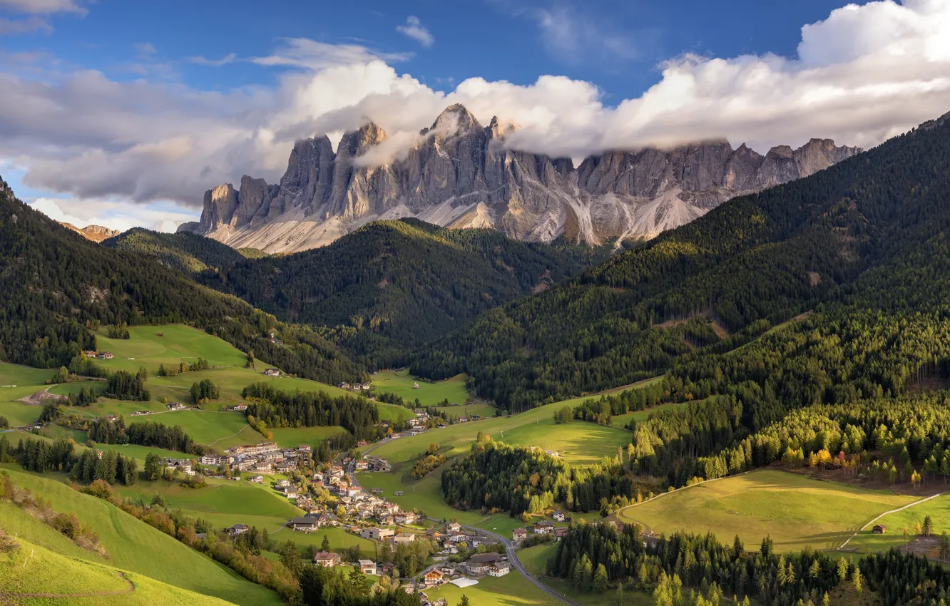 Photo wallpaper clouds, mountains, valley, houses