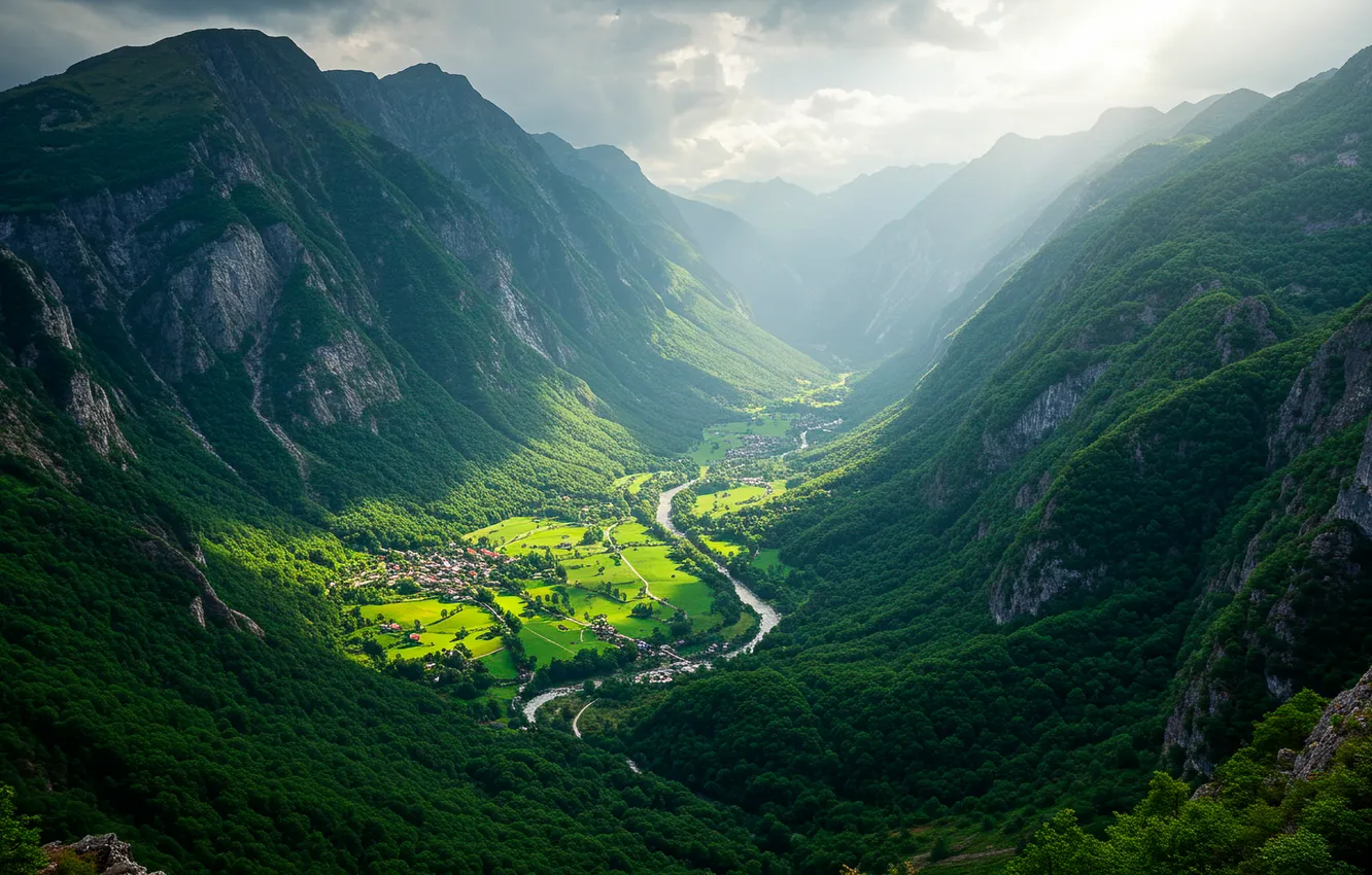 Photo wallpaper mountains, river, valley, wallpaper, river, mountains, Valley