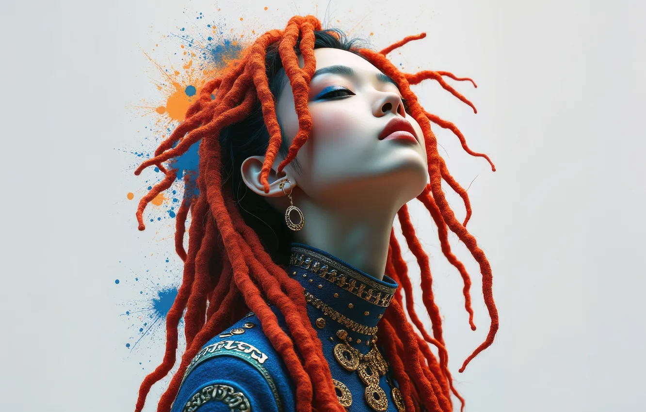 Photo wallpaper look, girl, face, paint, portrait, hairstyle, white background, braids