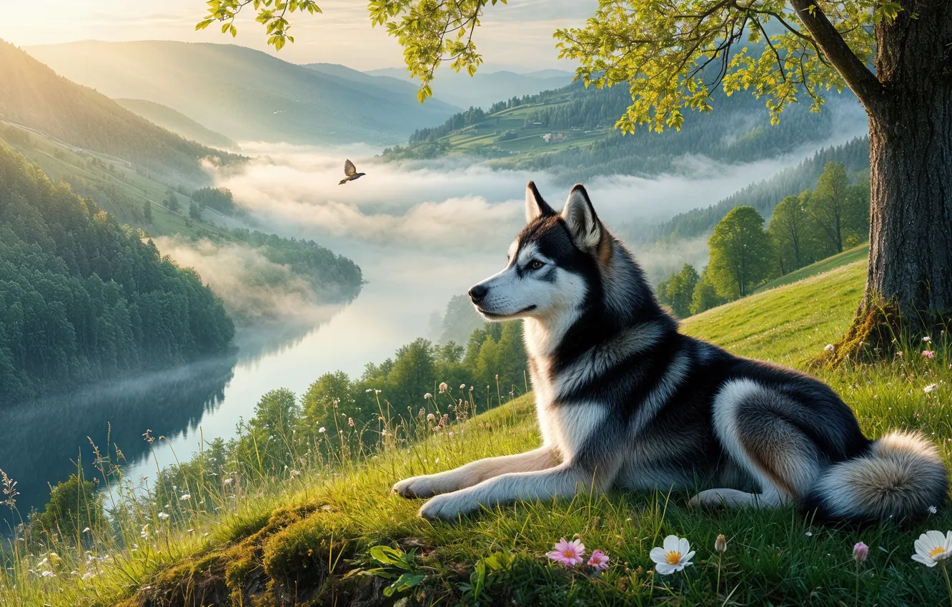 Photo wallpaper field, forest, trees, mountains, fog, hills, dog, dal