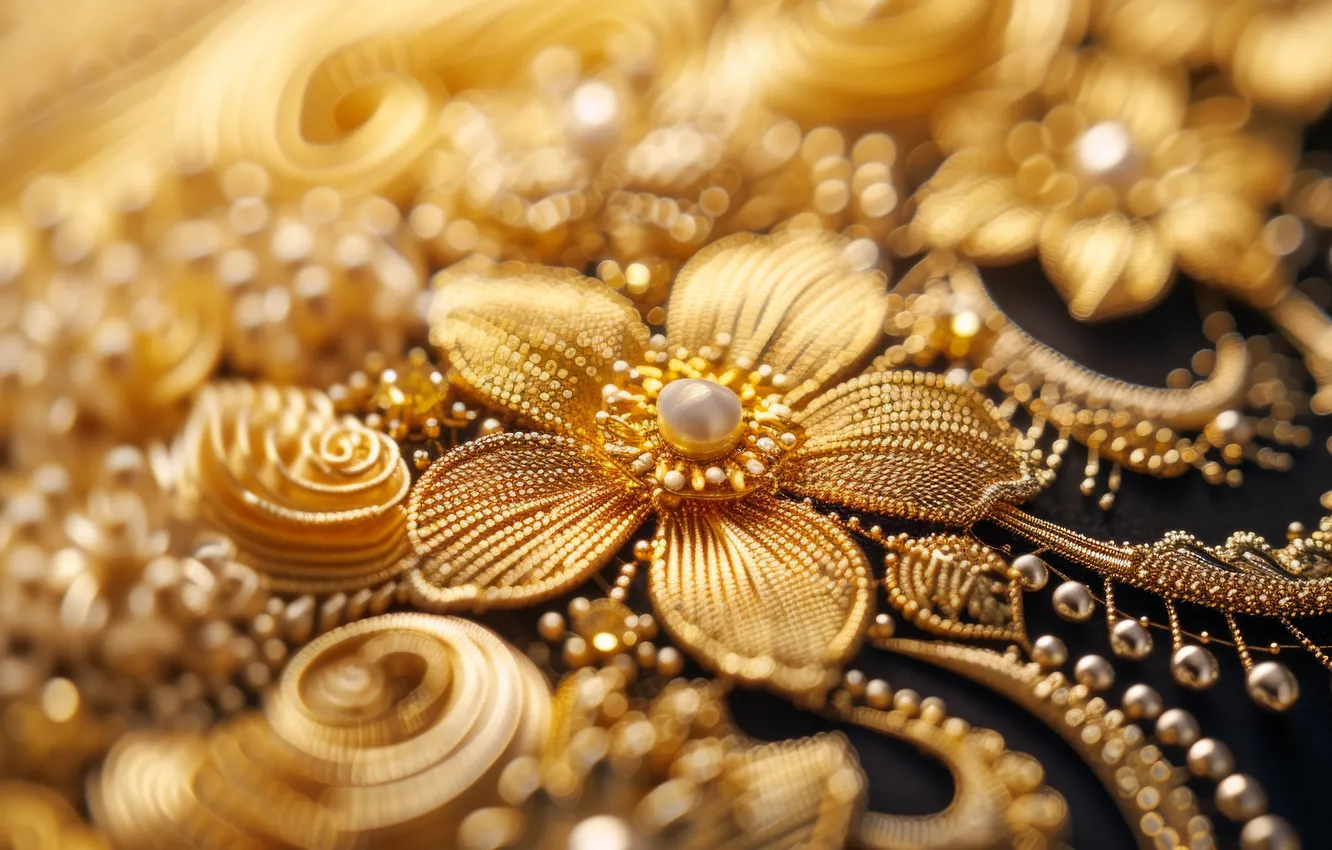 Photo wallpaper flowers, pattern, texture, gold, gold plated, thread, ornament, embroidery