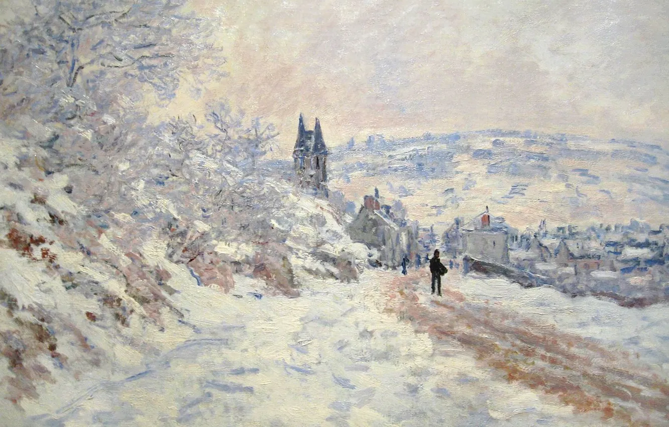 Photo wallpaper winter, snow, landscape, picture, Claude Monet, The road to Vétheuil. Snow Effect