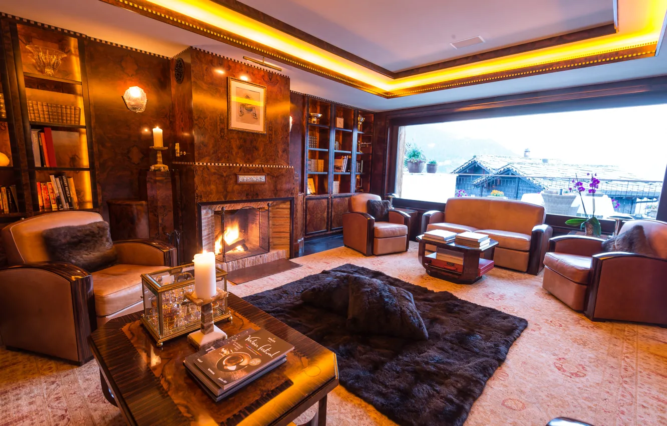 Photo wallpaper room, interior, chair, pillow, candles, window, book, fireplace