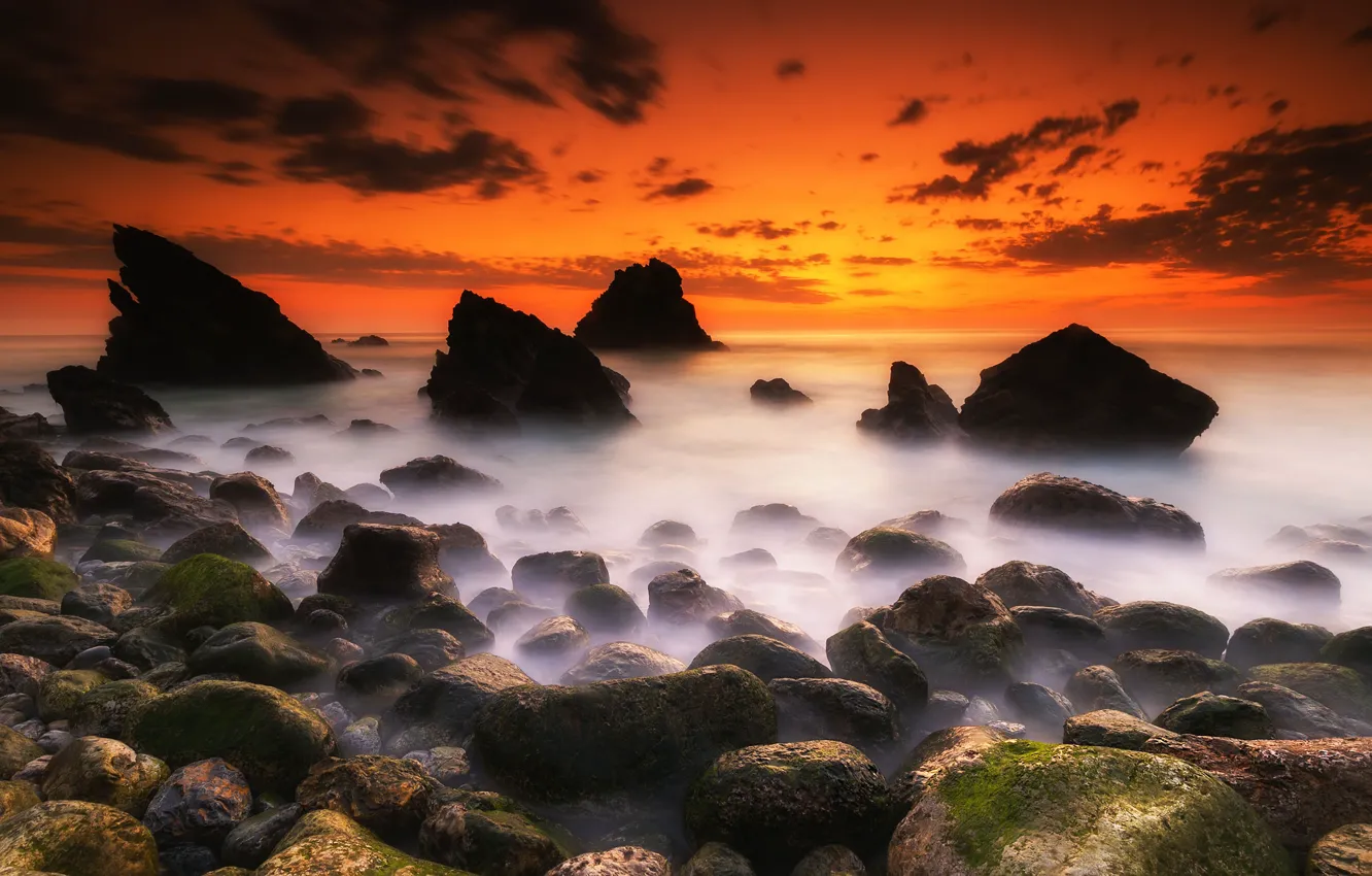 Photo wallpaper sea, the sky, clouds, sunset, nature, stones, rocks, shore