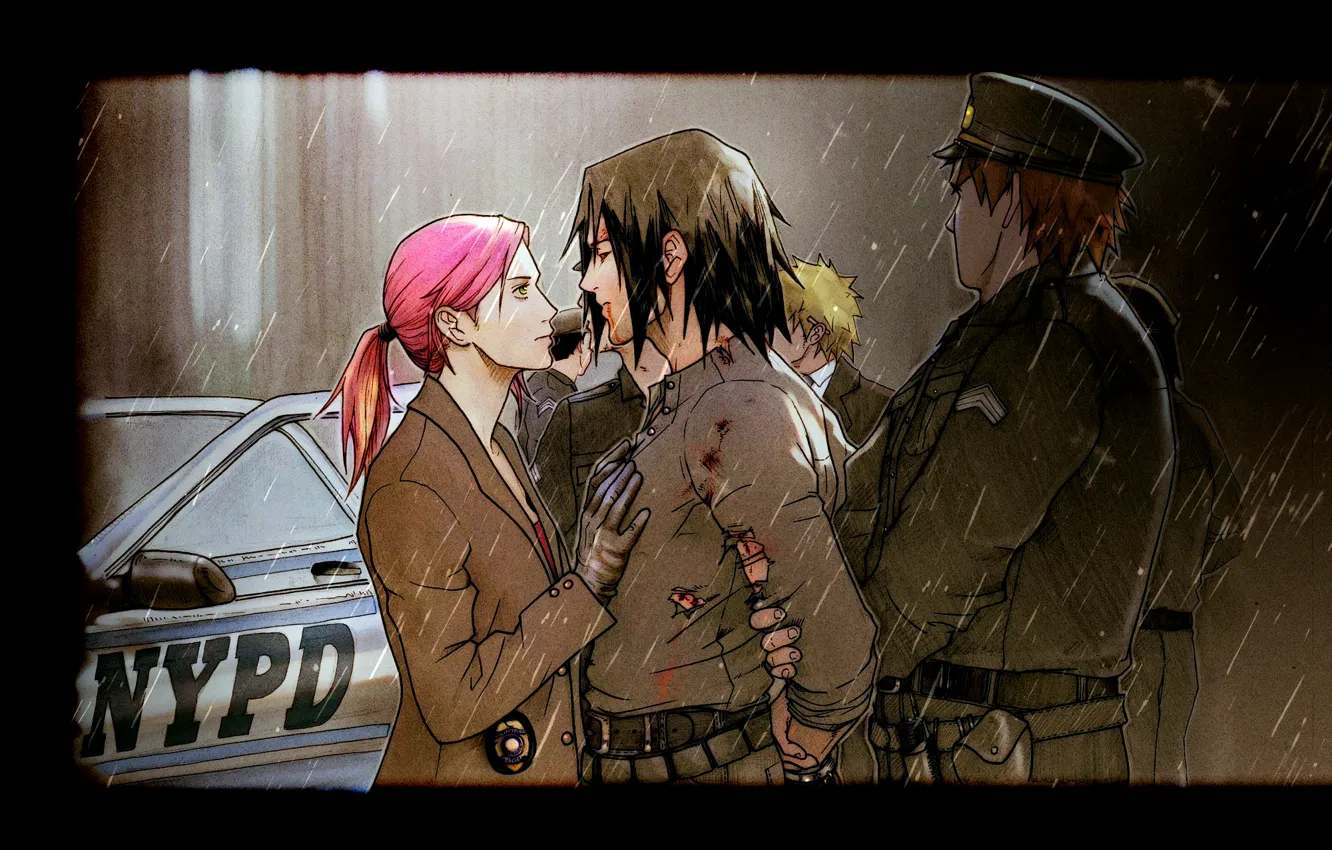 Photo wallpaper Police, Rain, Sakura Haruno, Naruto Uzumaki, Sasuke Uchiha, Fan Art, Naruto Uzumaki, Sakura Haruno