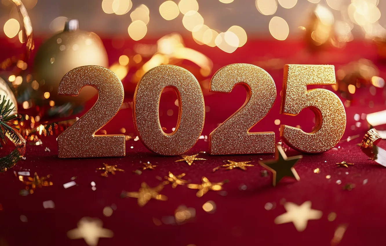 Photo wallpaper stars, lights, new year, Christmas, figures, gold plated, needles, red background