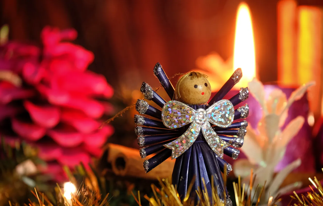Photo wallpaper winter, holiday, new year, angel, candles, Christmas, bow, figures