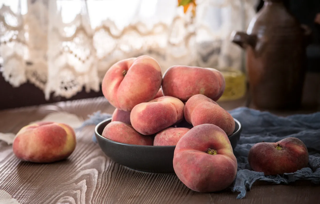 Photo wallpaper table, flat, home, window, kitchen, curtains, pink, bowl