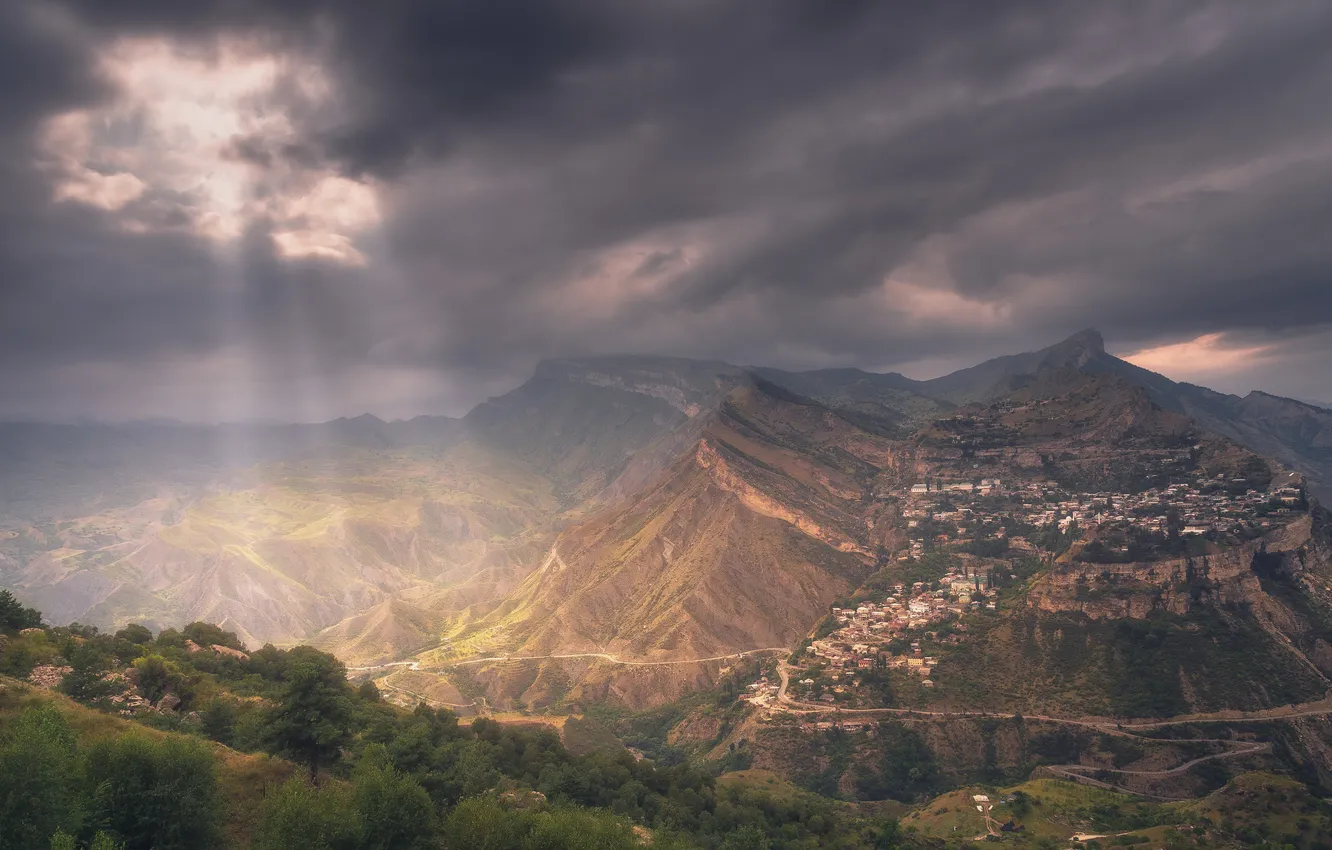 Photo wallpaper Russia, road, clouds, sun, village, valley, Dagestan, cliffs