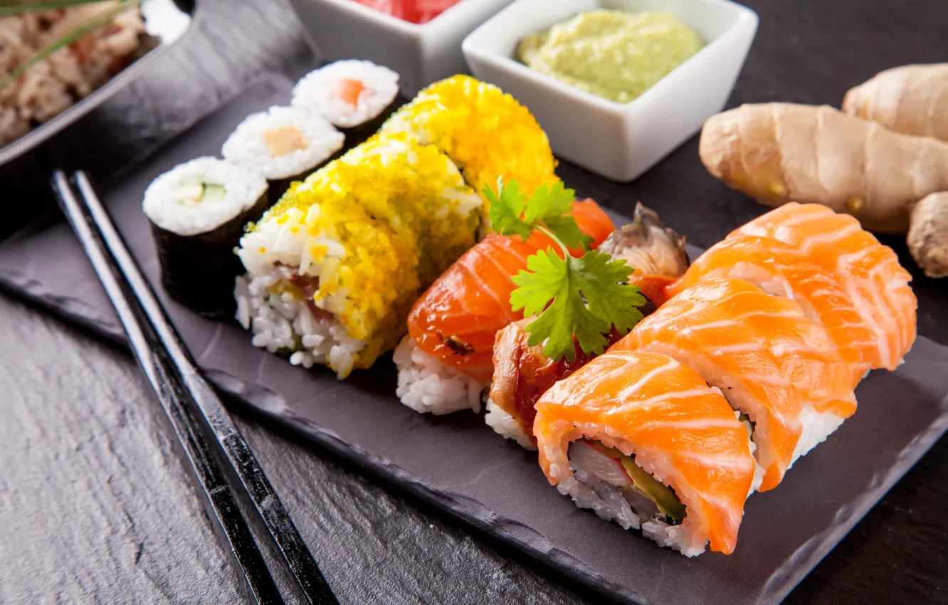 Photo wallpaper greens, sushi, rolls, filling, Japanese cuisine