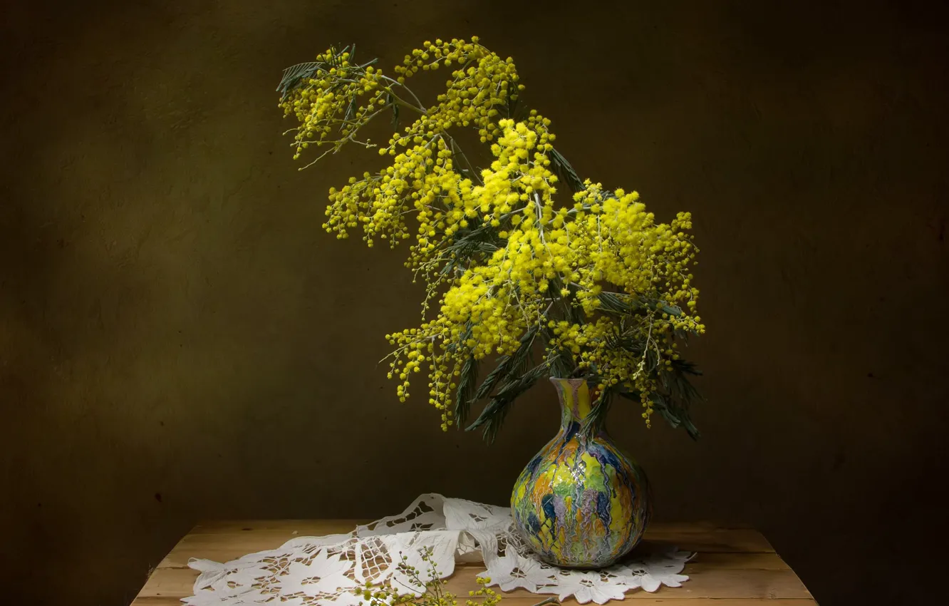 Photo wallpaper flowers, branches, yellow, bouquet, spring, vase, still life, flowering