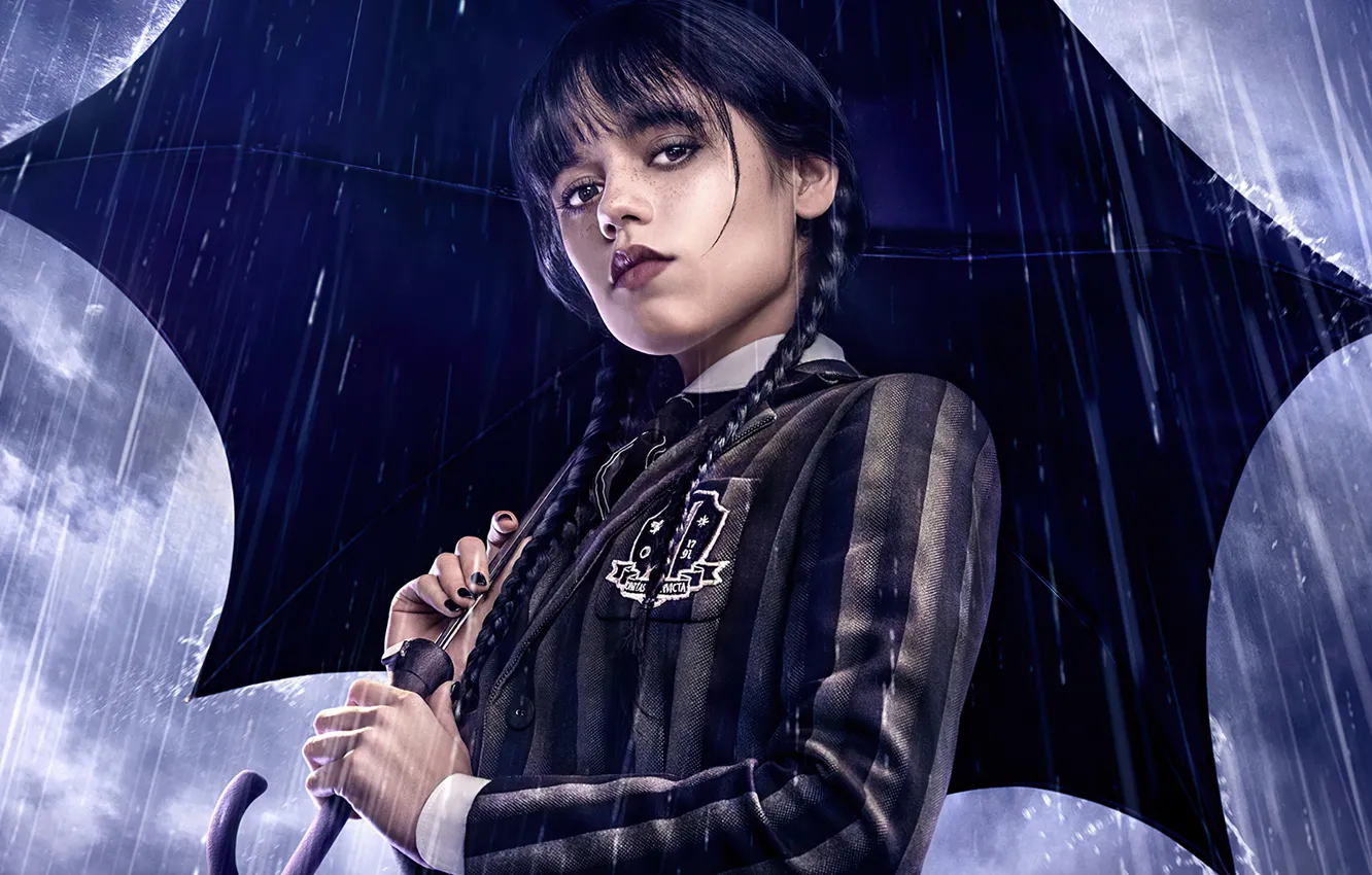 Photo wallpaper umbrella, makeup, the series, Wednesday, Jenna Ortega, Jenna Ortega, Wednesday, Wednesday