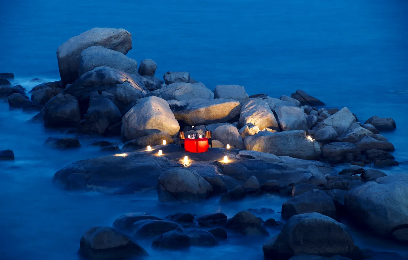 Photo wallpaper stones, the ocean, romance, the evening, candles, lights, table