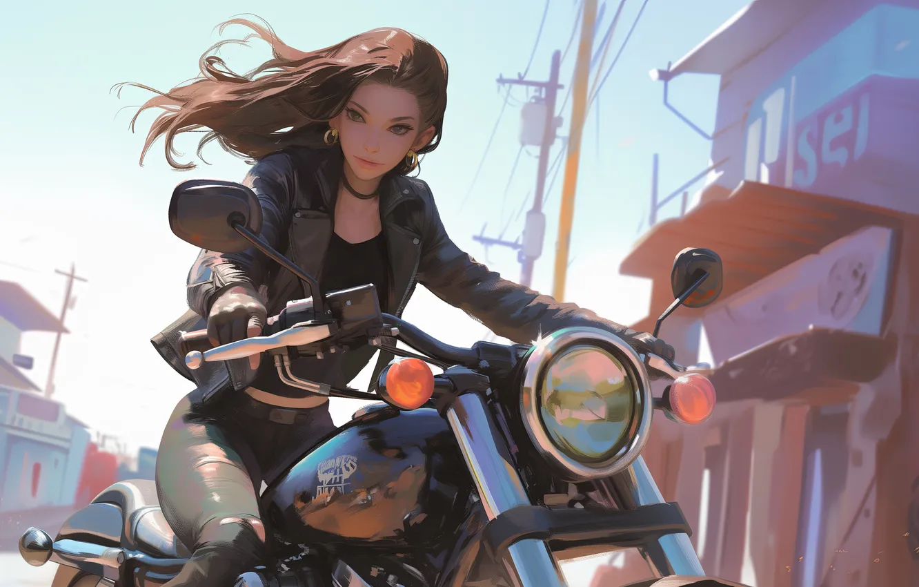 Photo wallpaper long hair, women, brunette, smiling, looking at viewer, women outdoors, women with motorcycles, closed mouth