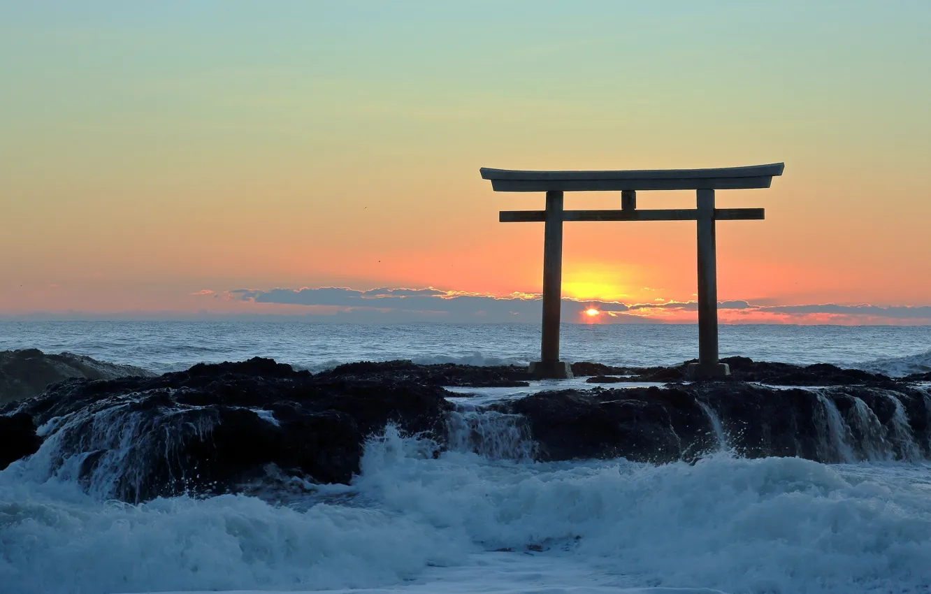 Photo wallpaper sea, sunset, gate, Japan, surf, torii