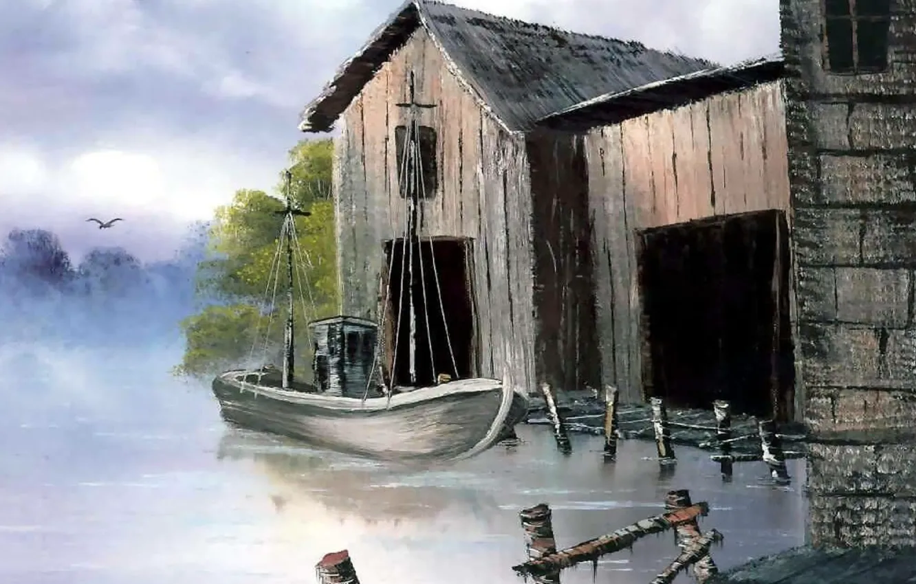 Photo wallpaper water, river, bird, shore, boat, building, picture, painting