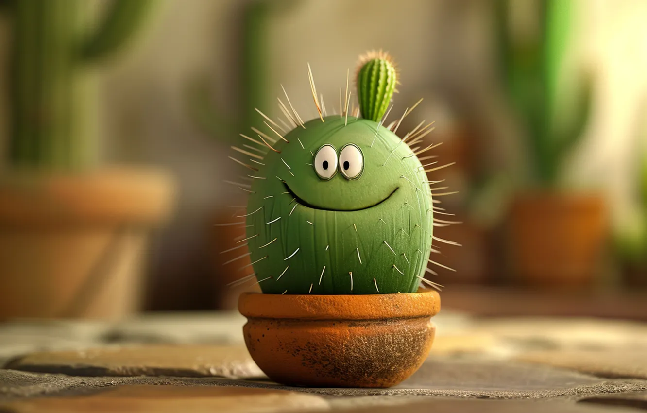 Photo wallpaper cartoon, face, cacti, friendly, 3d rendering