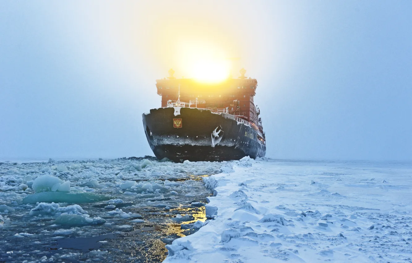 Photo wallpaper Winter, Sea, Fog, Snow, Ice, Light, The ship, Russia
