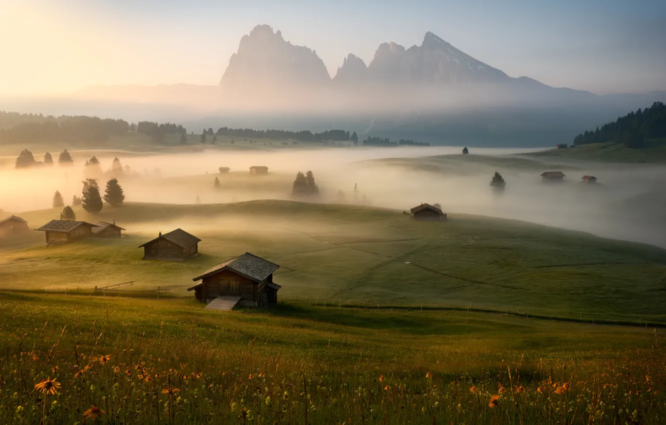 Photo wallpaper fog, morning, village, Alps, houses