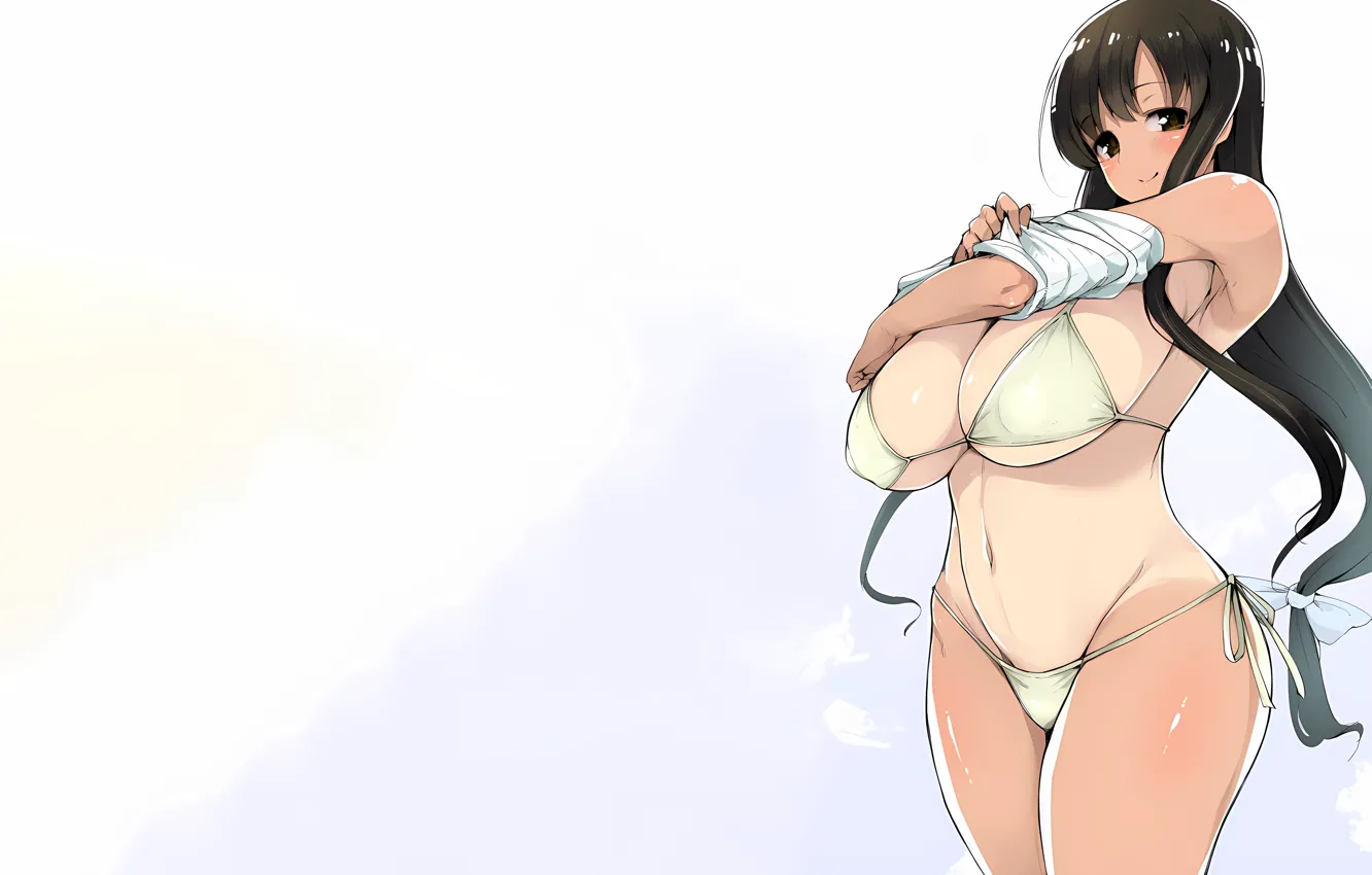 Photo wallpaper girl, sexy, cleavage, long hair, brown hair, brown eyes, boobs, anime