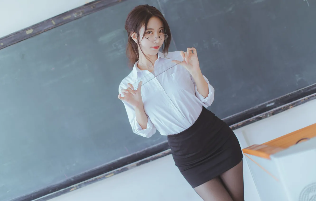 Photo wallpaper Asian, teacher, asian, teacher, short skirt, white blouse, dark tights, White Blouse