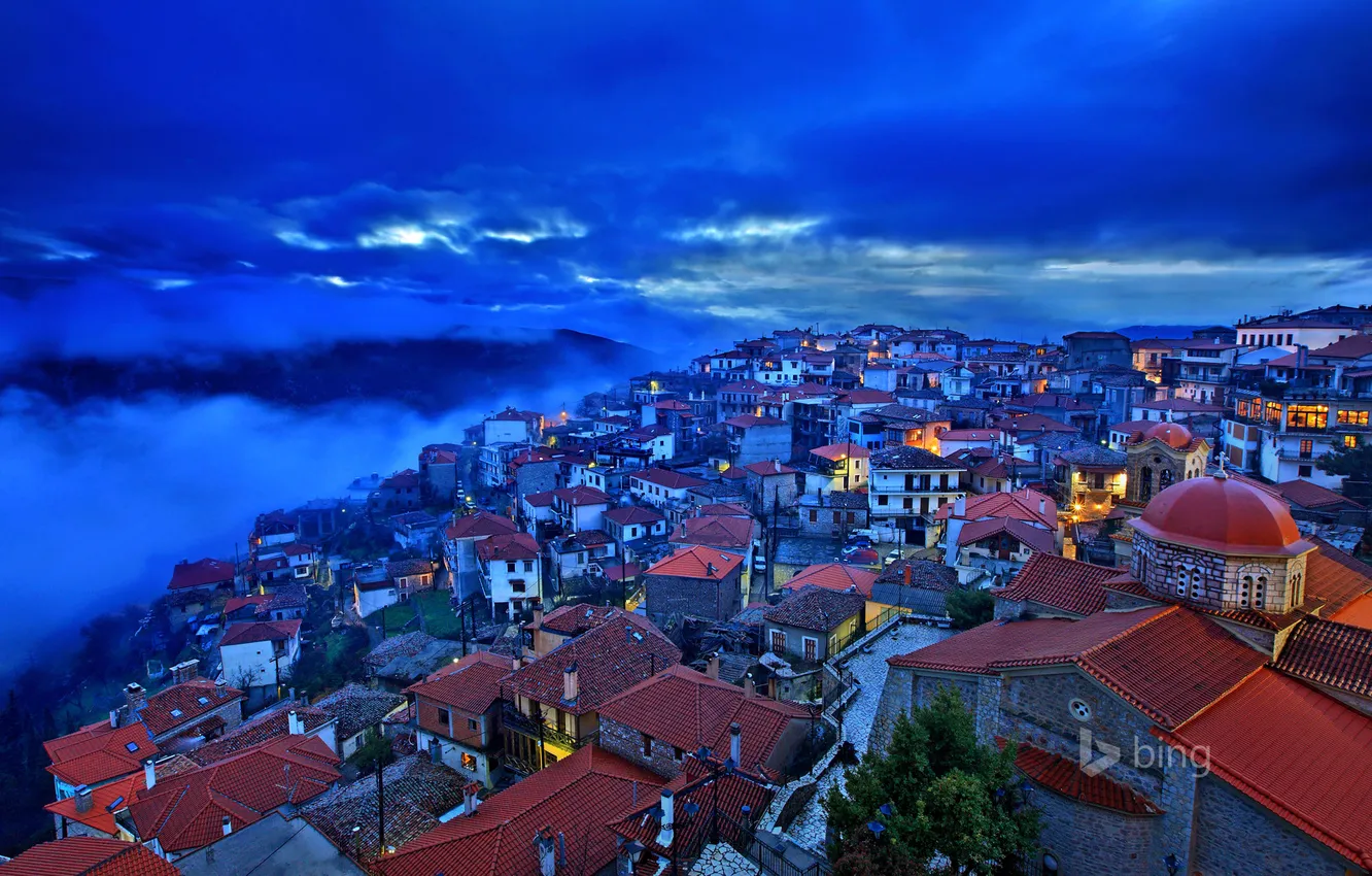 Photo wallpaper roof, the sky, clouds, night, home, Greece, Arachova