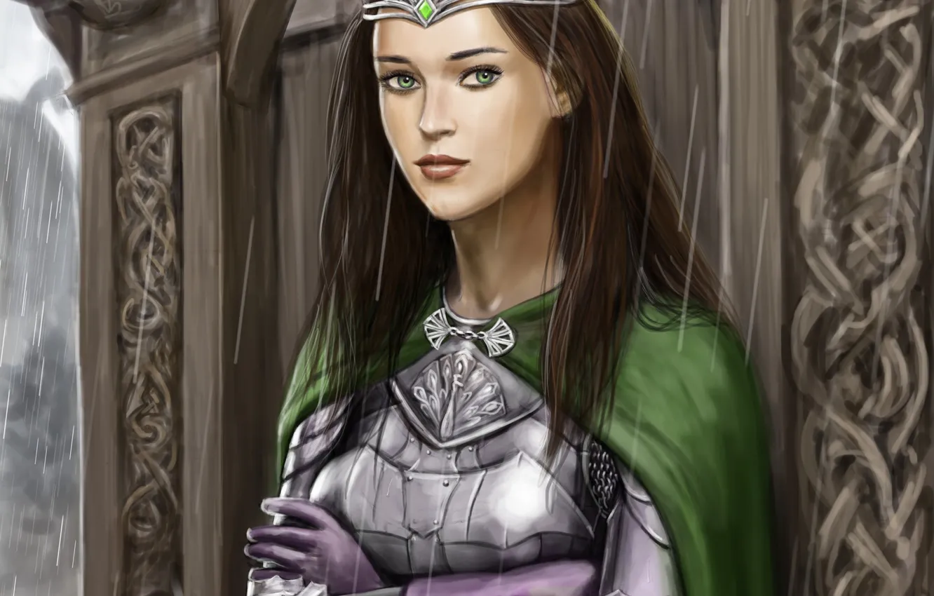 Photo wallpaper girl, rain, armor, art, cloak, Diadema, Cordelia, Lords of Gossamer and Shadow