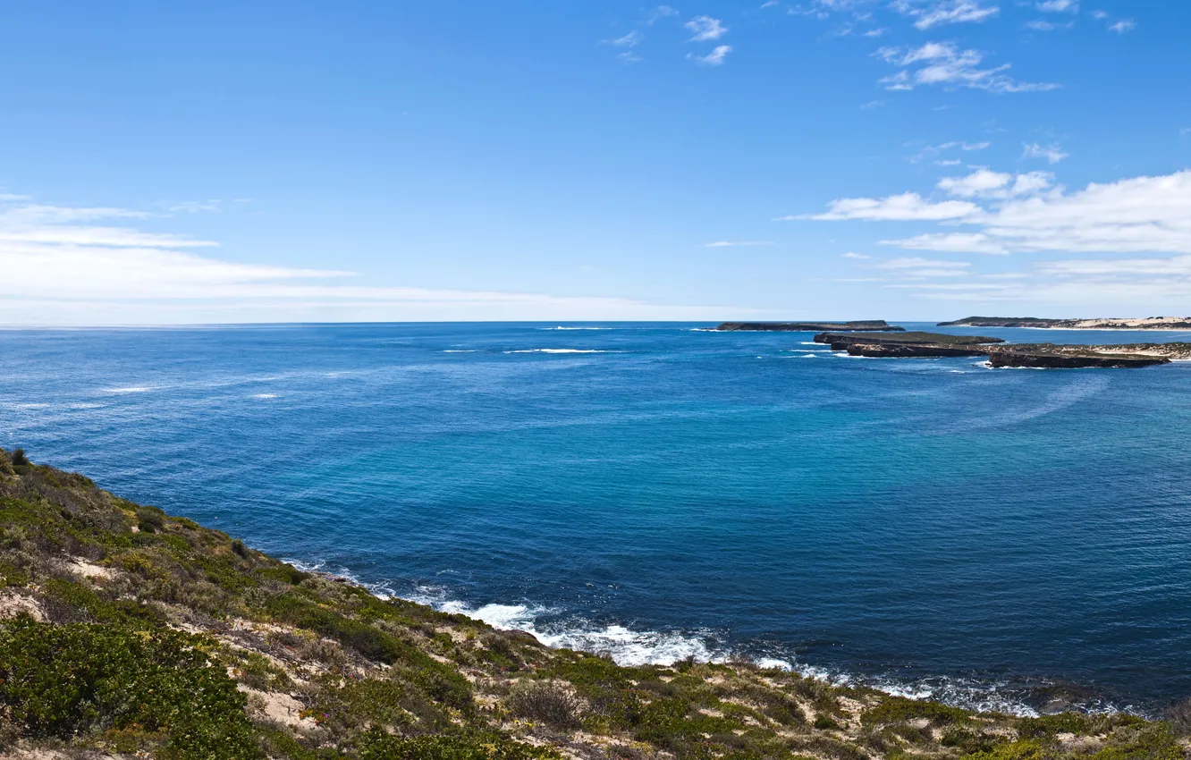 Photo wallpaper sea, the sky, clouds, landscape, blue, Wallpaper, coast, horizon