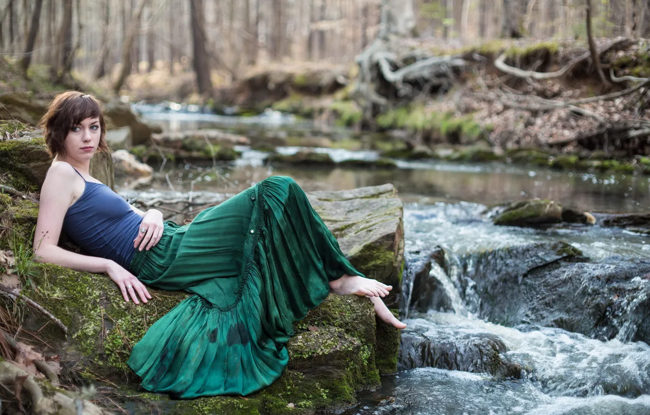 Photo wallpaper forest, girl, river