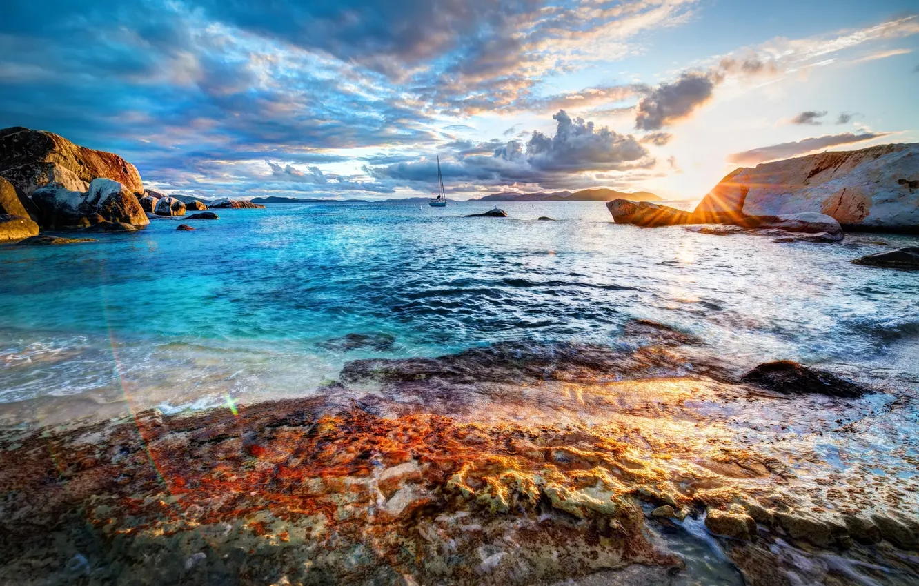 Photo wallpaper sea, sunrise, stones, coast, yacht