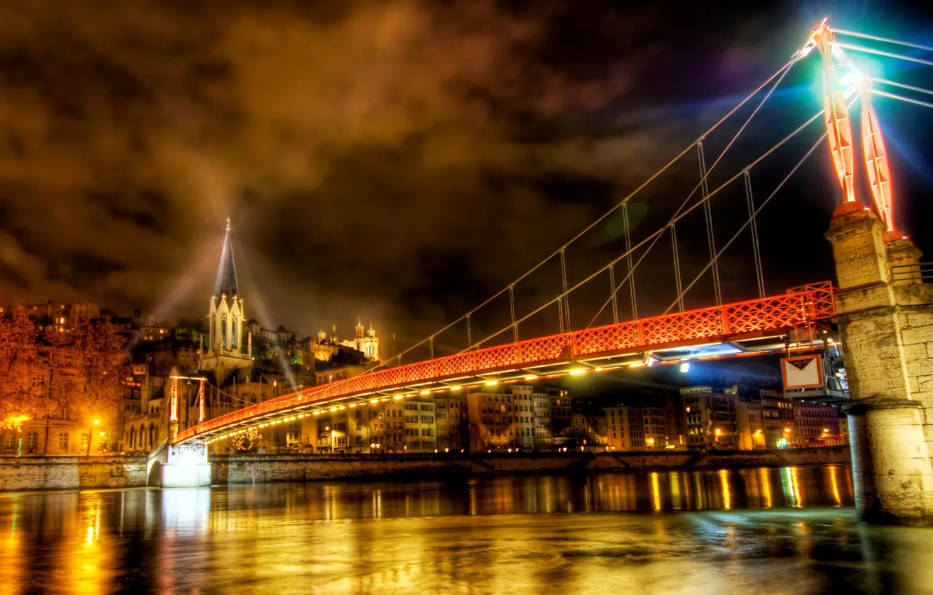 Photo wallpaper the sky, night, bridge, lights, river, HDR, home