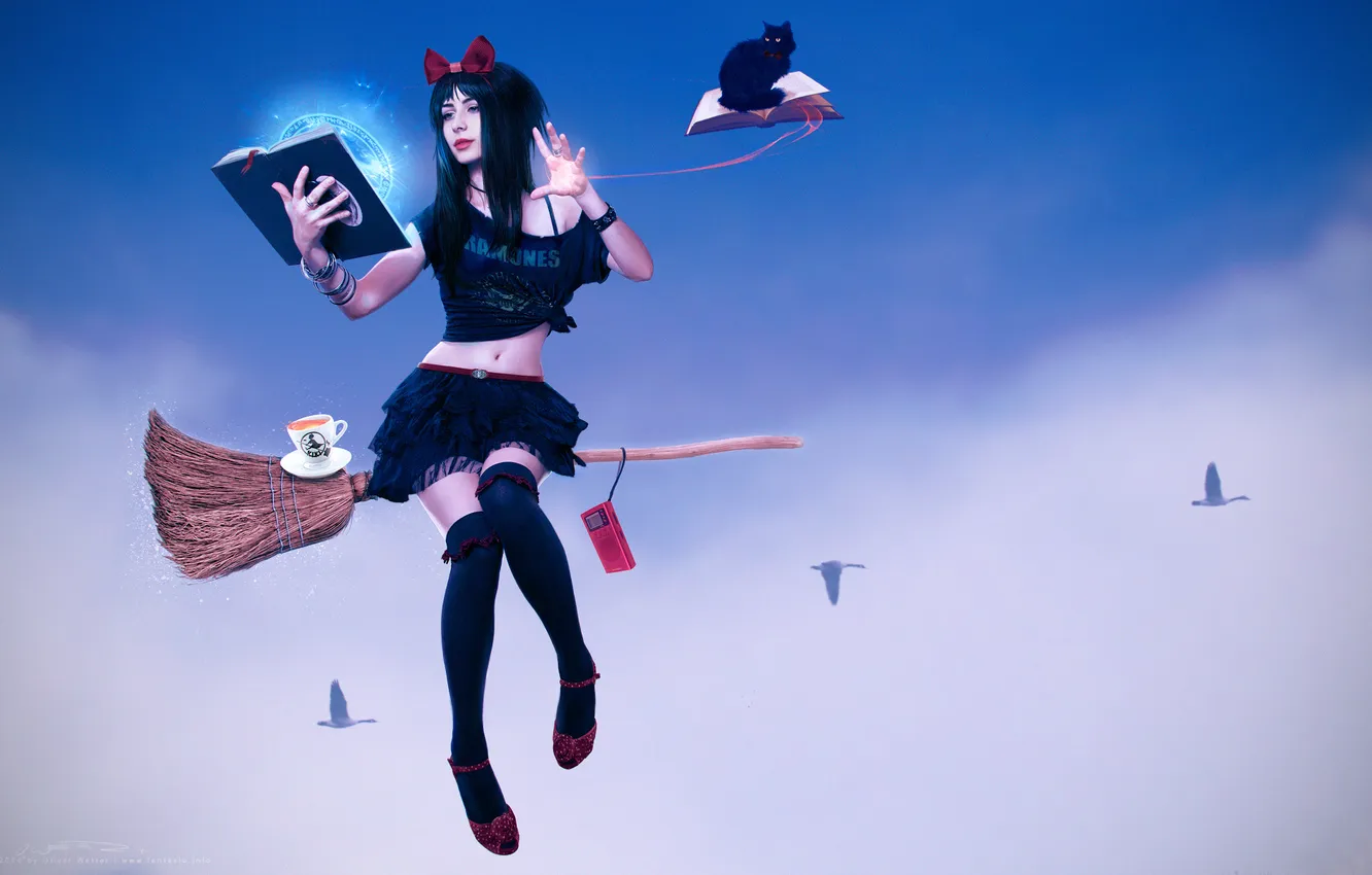 Photo wallpaper cat, the sky, clouds, magic, book, witch, broom, bow