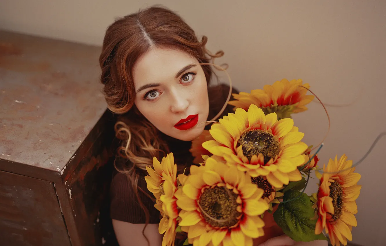 Photo wallpaper look, girl, sunflowers, flowers, face