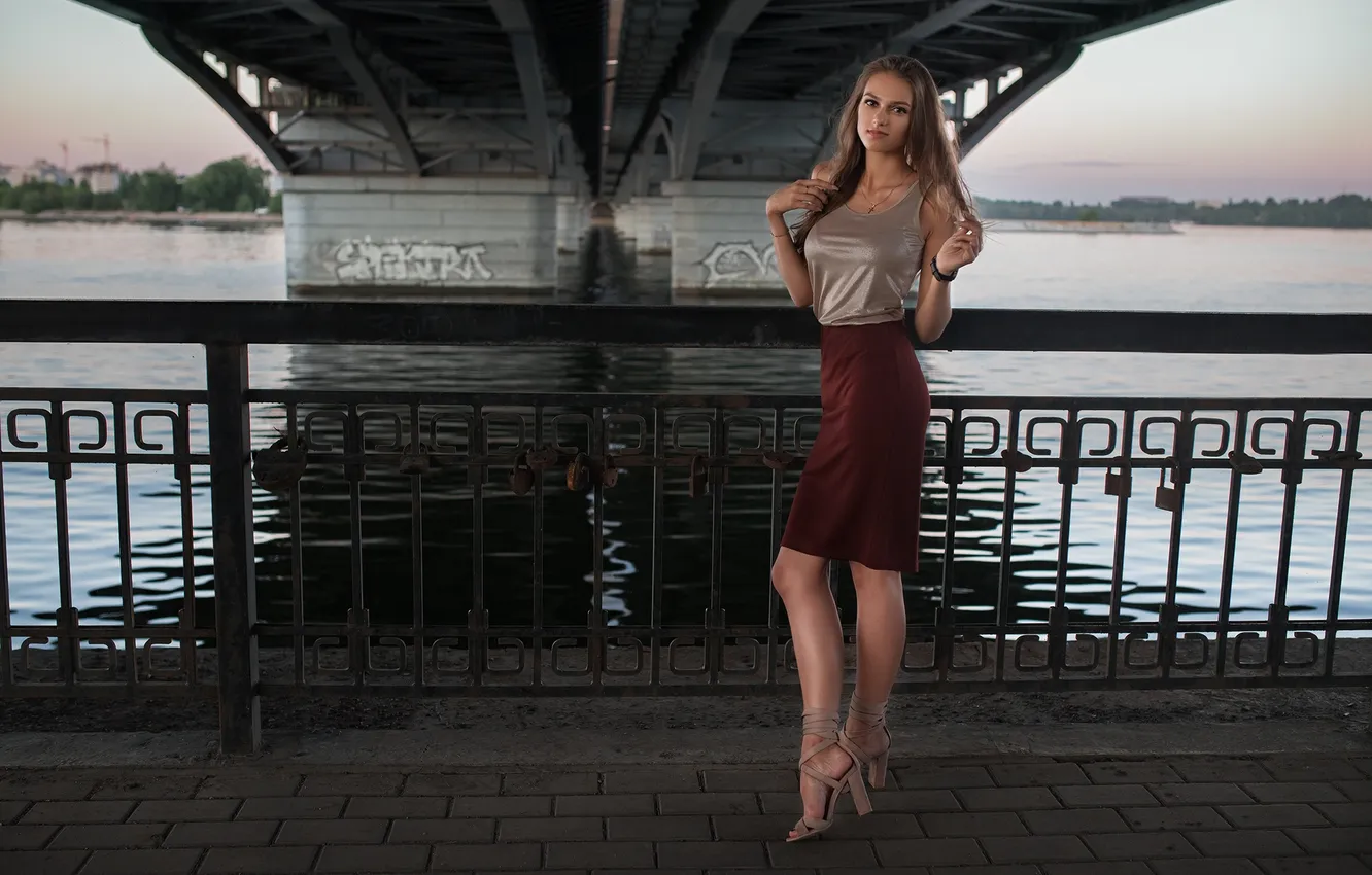 Photo wallpaper girl, bridge, pose, river, skirt, figure, promenade, long hair