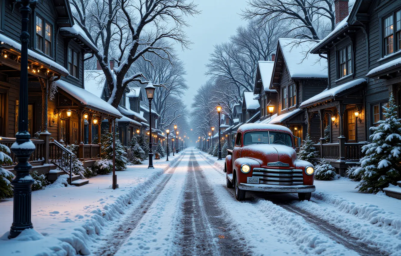 Photo wallpaper winter, frost, road, machine, snow, trees, village, new year