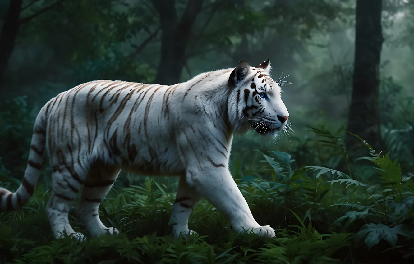Photo wallpaper greens, forest, white, look, face, trees, nature, tiger