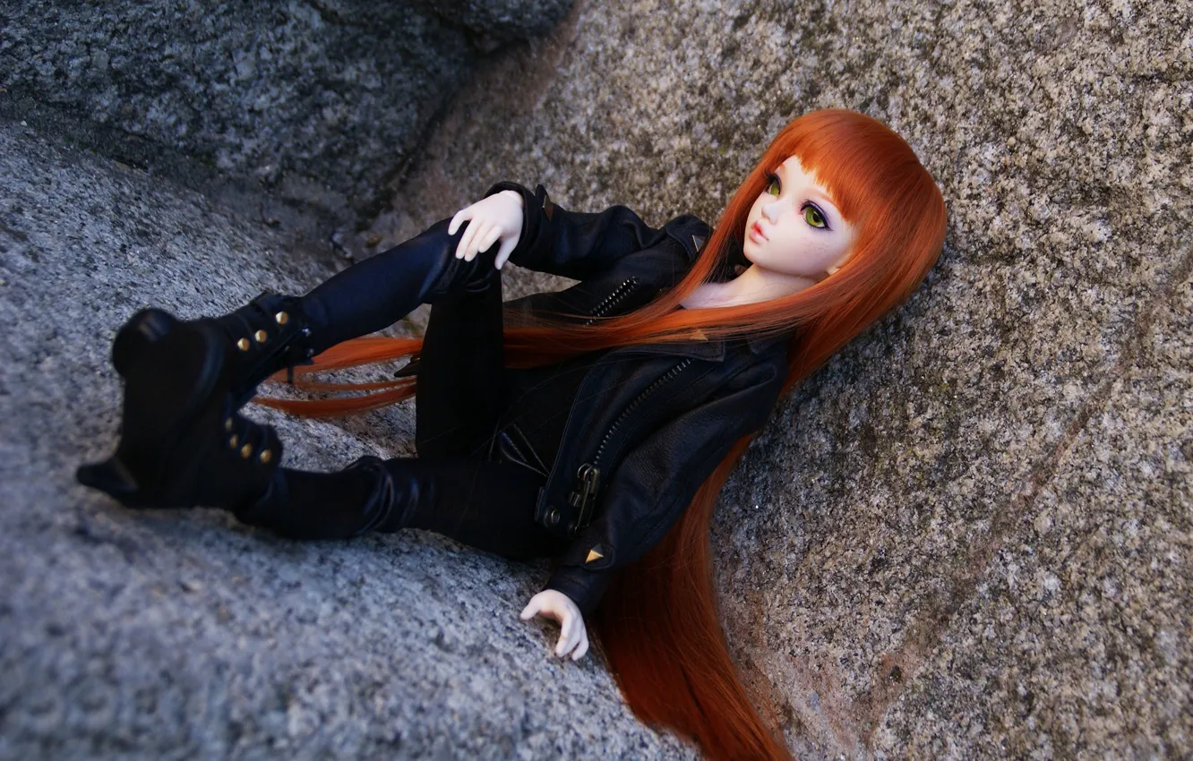Photo wallpaper clothing, stone, toy, doll, black, red, sitting, view
