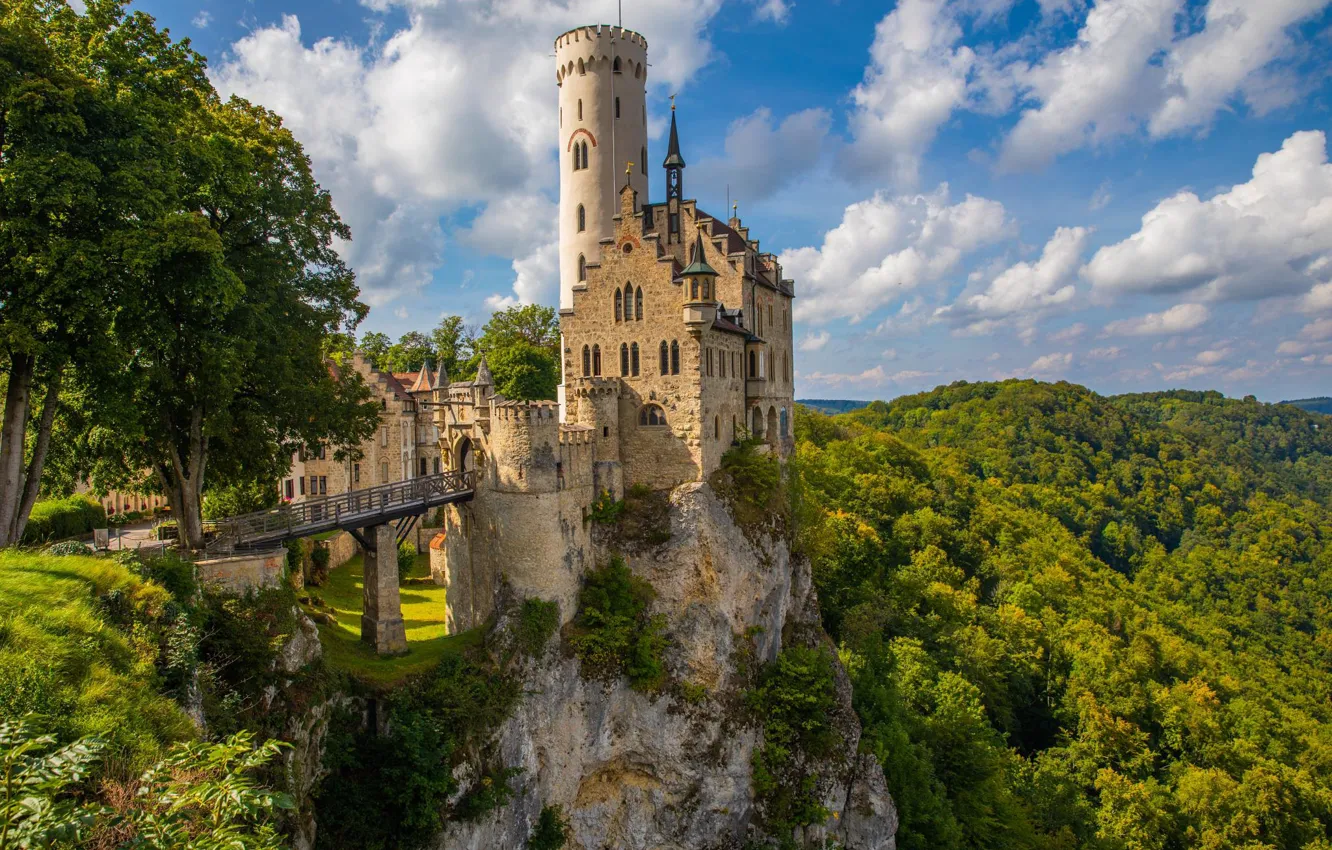 Photo wallpaper forest, clouds, trees, bridge, rock, castle, Germany, Germany