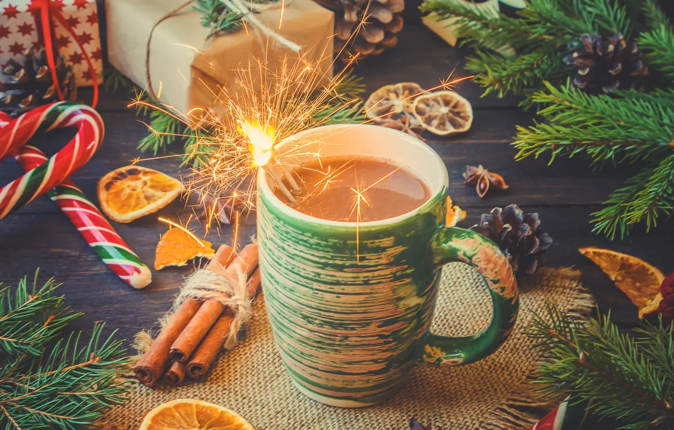 Photo wallpaper new year, coffee, spruce, drink, bumps, caramel, tangerine
