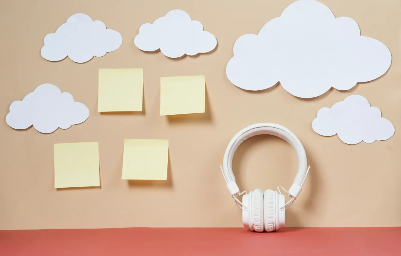 Photo wallpaper clouds, paper, music, headphones